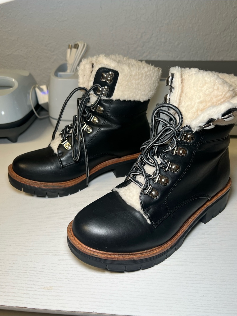 MIA Black Leather Lace-Up Ankle Boots with Cream Faux-Shearling Trim